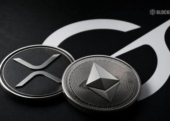 XRP and Ethereum coins on a dark surface with a blurred white logo in the background (BlockNews watermark).