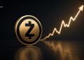 Golden Zcash coin beside a glowing upward-trending line graph on a dark background, symbolizing crypto growth.