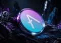 Circular glass Telegram logo resting on a dark rocky surface with neon purple and blue lighting in the background.