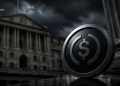 Close-up of a silver dollar coin with a dollar sign, leaning on a marble surface, with a historic government building and stormy skies in the background.