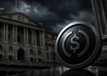 Close-up of a silver dollar coin with a dollar sign, leaning on a marble surface, with a historic government building and stormy skies in the background.