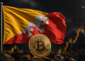 Flag of Bhutan waving beside a large Bitcoin coin on rocky ground with a dark background, symbolizing crypto in Bhutan.