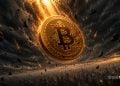 Bitcoin coin in gold, spinning amid a meteor shower in space, with a BLOCKNEWS watermark in the corner.