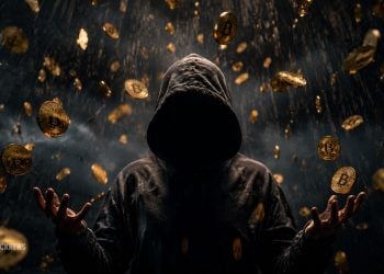 Hooded figure with hands raised as gold Bitcoin coins rain around them in a dark, stormy scene (cybercrime/cryptocurrency theme).