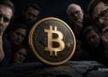 Close-up of a gold Bitcoin coin on a rocky surface as a group of concerned people watches from the dark background, conveying scrutiny or doubt about cryptocurrency.