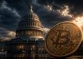 Giant Bitcoin coin beside the U.S. Capitol at sunset, symbolizing cryptocurrency and politics