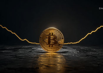 Gold Bitcoin coin centered on a dark surface with an upward glowing price line in the background.