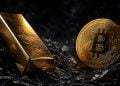Gold bar and a Bitcoin coin resting on dark rocky ground, highlighting the contrast between physical gold and cryptocurrency/assets.