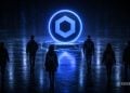 Six people stand in a dark, reflective space, facing a glowing blue circular blockchain logo on a pedestal.