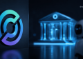 Large gradient @ symbol on a dark panel, with a blue-toned futuristic robot and a neon-lit building in the blurred background.