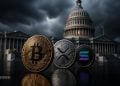 Bitcoin, XRP and Solana coins on a reflective surface with a dark, stormy Capitol building backdrop (BLOCKNEWS watermark).