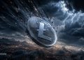 Futuristic Litecoin coin drifting through a dark stormy sky with lightning bolts and a city glow below.