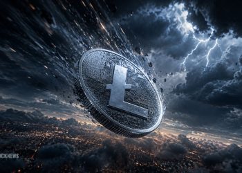 Futuristic Litecoin coin drifting through a dark stormy sky with lightning bolts and a city glow below.