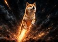 Shiba Inu leaping forward through a fiery, orange-lit explosion with smoke in a dark space scene.