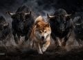 Shiba Inu leads a charging herd of black bulls through a smoky, dusty scene with sparks in the air.