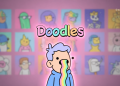 Cartoon character vomiting a rainbow under the word 'Doodles' with a blurred grid of colorful avatars in the background.