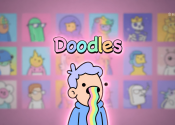 Cartoon character vomiting a rainbow under the word 'Doodles' with a blurred grid of colorful avatars in the background.