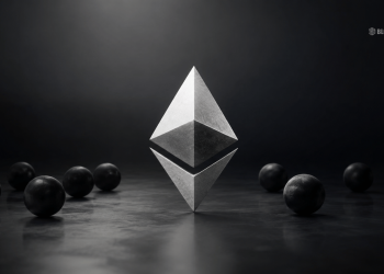 Metallic Ethereum logo standing upright with mirrored lower half, on a dark reflective surface with scattered black spheres.