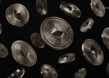 Floating metallic Ethereum coins against a black background, conveying a cryptocurrency theme