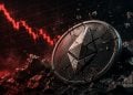 Cracked Ethereum-style coin resting on rubble with a red financial chart in the background