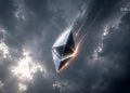 Metallic Ethereum logo shards soaring through dark, stormy clouds with light streaks and sparks behind them.