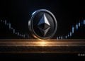 Ethereum logo coin standing on a lit platform with a dark gradient background and a glowing blue rim, symbolizing crypto markets with candlestick charts in the background