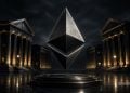 Floating Ethereum logo sculpture above a circular pedestal in a dark neoclassical plaza at night, with illuminated columns in the background (BLOCKNEWS watermark).
