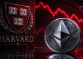 Harvard shield logo beside a large Ethereum coin against a red stock chart background.