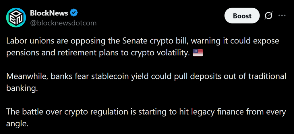 US Labor Unions Oppose Crypto CLARITY Act – Right here Is Why Retirement Dangers Are Now Central – BlockNews US Labor Unions Oppose Crypto CLARITY Act – Right here Is Why Retirement Dangers Are Now Central – BlockNews