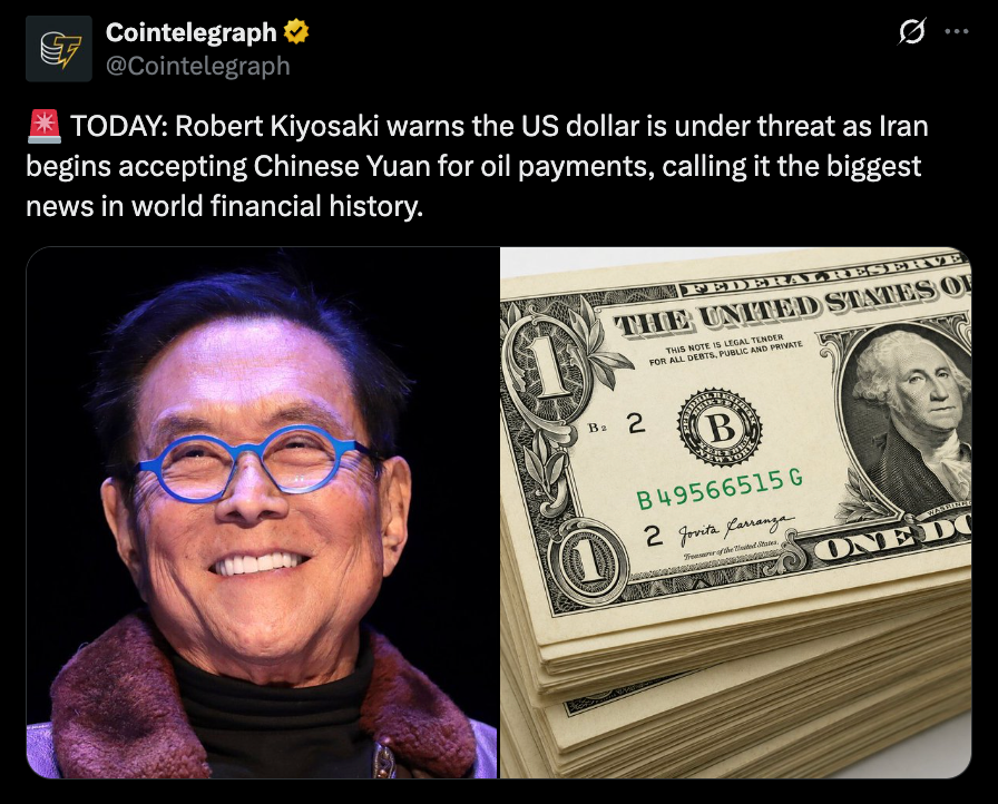 Kiyosaki Says Iran’s Yuan Oil Transfer Is the Greatest Monetary Story Ever — Right here’s Why He’s Not Totally Mistaken – BlockNews Kiyosaki Says Iran’s Yuan Oil Transfer Is the Greatest Monetary Story Ever — Right here’s Why He’s Not Totally Mistaken – BlockNews