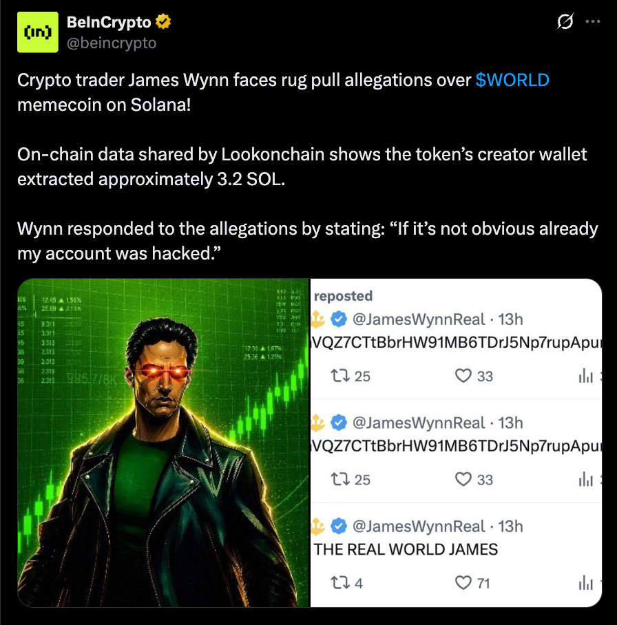 Solana Dealer Drama Returns as James Wynn Denies $WORLD Rug Pull Claims – BlockNews Solana Dealer Drama Returns as James Wynn Denies $WORLD Rug Pull Claims – BlockNews