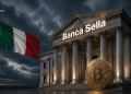 Italian flag waving beside a neoclassical bank façade with a large Bitcoin coin sculpture at the entrance.