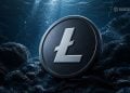 Close-up of a Litecoin coin submerged underwater among rocks with rising bubbles in a deep blue background