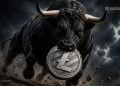 Black bull charging forward, biting a large silver Litecoin coin as debris flies and a stormy sky looms.