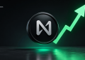 Cryptocurrency coin with a silver N logo, green upward arrow, and BLOCKNEWS branding, suggesting rising value.