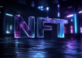 Three-dimensional neon letters NFT glow in blue and pink in a dark futuristic room with reflections on a wet floor.