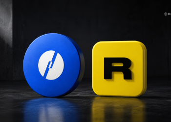 Blue circular token with a white inner circle and diagonal blue cut next to a yellow rounded-square with a large black 'R' on a dark background edge light.