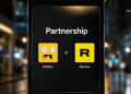 Announcement of partnership between DOODs and Rarible, displaying their yellow logo squares on a dark panel.