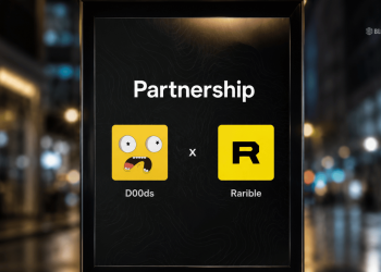 Announcement of partnership between DOODs and Rarible, displaying their yellow logo squares on a dark panel.