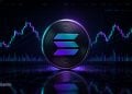 Solana cryptocurrency coin over a neon trading chart backdrop, suggesting market activity.