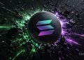 A black coin with the Elrond logo bursts through cracked ground, surrounded by green and purple neon energy.