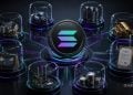 Central blockchain token at the center, connected to glass domes with assets (house, car, data servers, gold bars, art, documents, coins) representing tokenized value in a network.