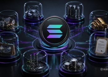 Central blockchain token at the center, connected to glass domes with assets (house, car, data servers, gold bars, art, documents, coins) representing tokenized value in a network.