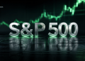 Shiny metallic 'S&P 500' letters on a dark floor with a green stock chart glow in the background.