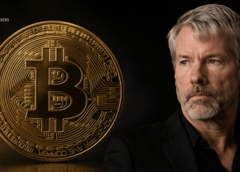 Large gold Bitcoin coin beside a serious man in a black suit against a dark background, suggesting crypto news or finance.