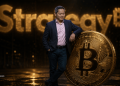 A man in a navy suit leans on a large gold Bitcoin coin in a dark, moody setting with a BLOCKNEWS watermark in the corner.