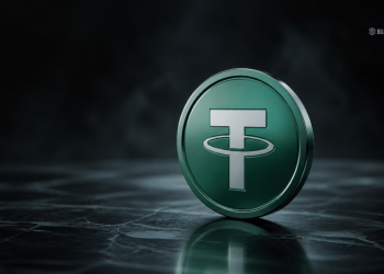 Close-up of a green cryptocurrency coin with a white stylized 'T' logo, resting on a reflective surface in a dark, smoky background.
