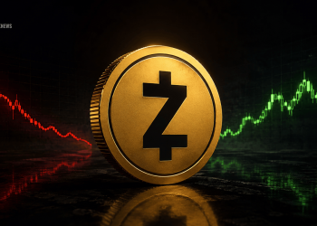 Gold cryptocurrency coin with a bold Z symbol, set against a red-and-green trading chart backdrop.