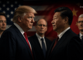 Two world leaders in dark suits facing each other in a dimly lit room, with the American and Chinese flags behind them and advisors in the background.