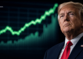 Portrait of Donald Trump in a dark suit and red tie, with a green stock-chart backdrop and a BlockNews watermark in the corner.